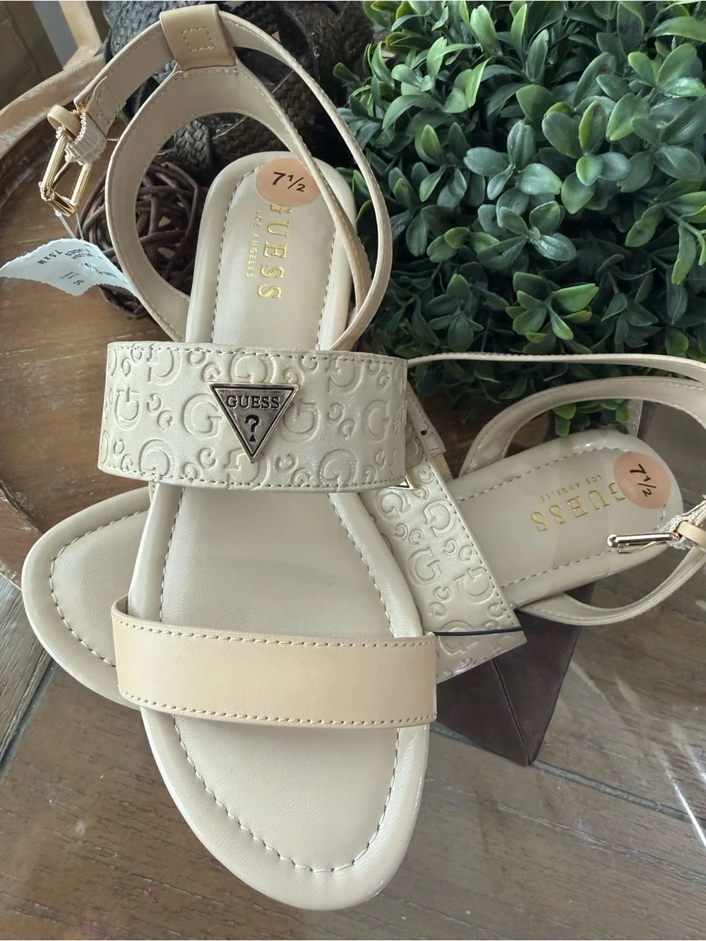 GUESS Beige/Cream Embossed Logo Ankle-Strap Sandals